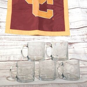 USC Trojans 5 Clear Glass Coffee Mug Set with 28” school banner
